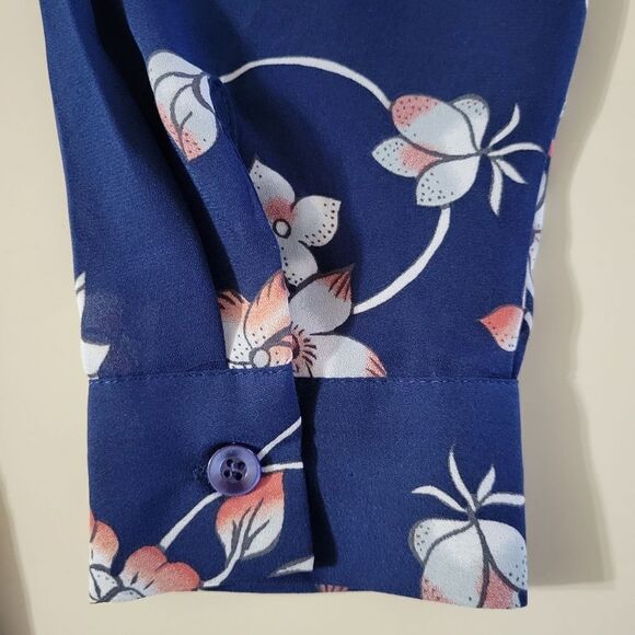 Como Vintage Women's Navy Floral Long Button-Down Polyester Blouse - Picture 8 of 14